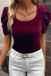 Burgundy Short Puff Sleeve Velvet Top-Tops-MomFashion