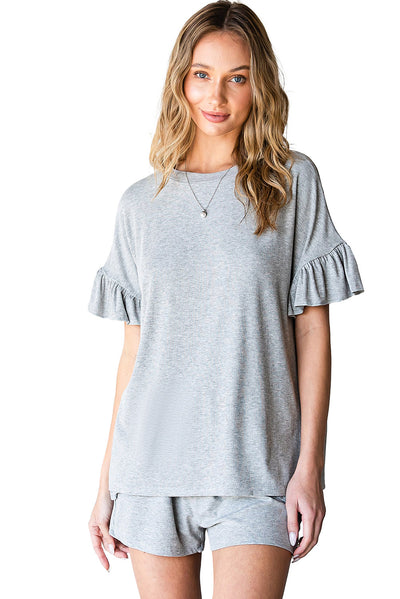 Gray Ribbed Knit Ruffle Trim Casual Short Set-Loungewear-MomFashion