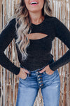 Black Sparkle Metallic Cut Out Long Sleeve Top-Tops-MomFashion