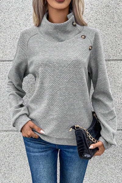 Gray Asymmetric Buttons Detail High Neck Textured Sweatshirt-Tops-MomFashion