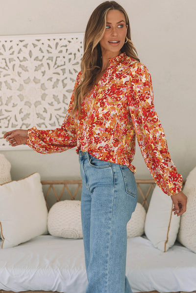 Grapefruit Orange Frilled Split Neck Bubble Sleeve Floral Blouse-Tops-MomFashion