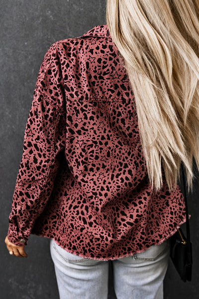 Pink Stars & Animal Spots Print Button Up Denim Shacket-Outerwear-MomFashion