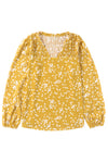 Yellow Split Neck Fall Printed Crinkled Blouse-Tops-MomFashion