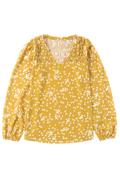 Yellow Split Neck Fall Printed Crinkled Blouse-Tops-MomFashion