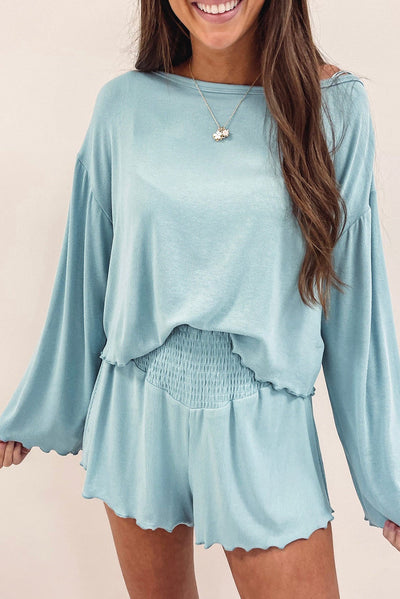 Sky Blue Long Sleeve Top & Shirred High Waist Shorts Set-Loungewear-MomFashion