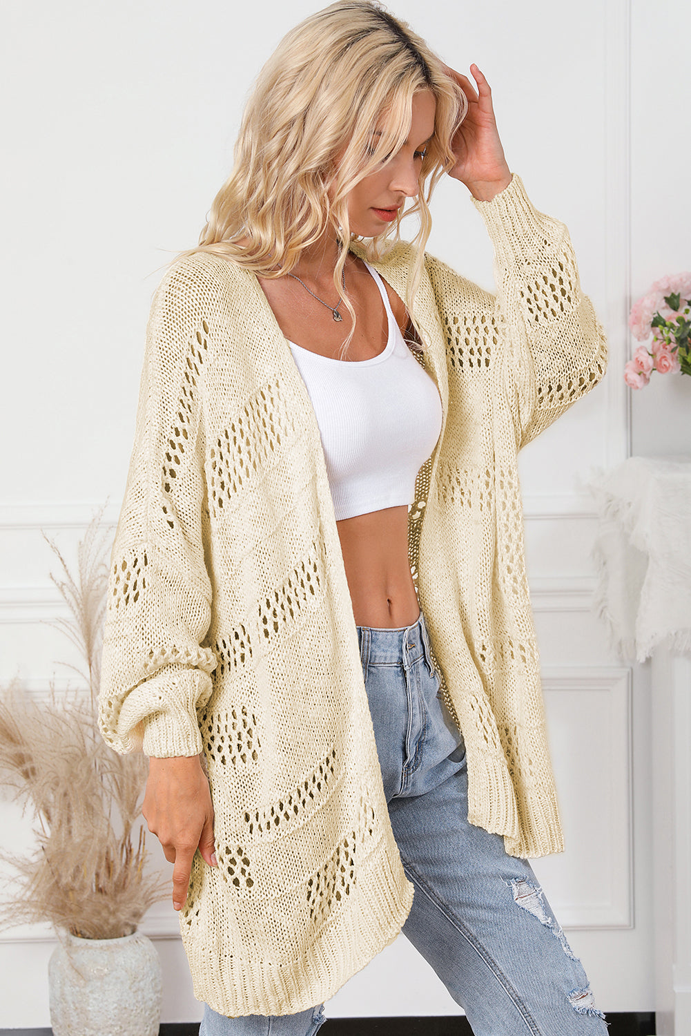 Apricot Casual Hollowed Knit Dolman Sleeve Cardigan-Tops-MomFashion