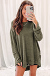 Green Waffle Knit High Slits Oversized Top-Tops-MomFashion