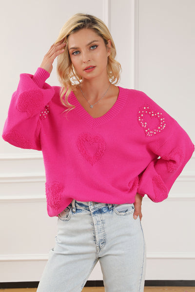 Rose Red Pearl Embellished Fuzzy Hearts V Neck Sweater-Tops-MomFashion