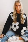 Black Big Flower Pattern Knit Sweater-Tops-MomFashion