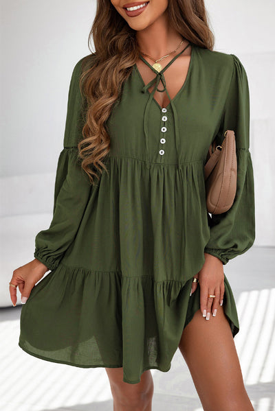 Green Lace Puff Sleeve Buttoned Tiered Ruffled Mini Dress-Dresses-MomFashion