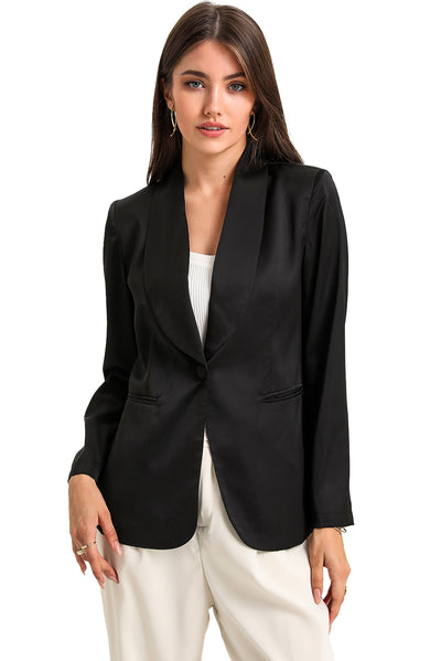 Black Collared Neck Single Breasted Blazer with Pockets-Outerwear-MomFashion