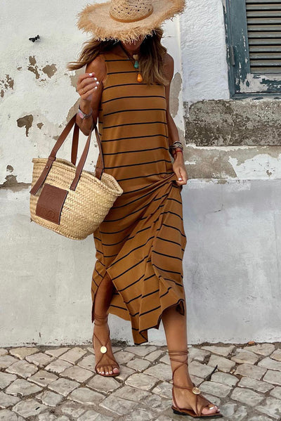 Brown Stripe Print Open Back Sleeveless Maxi Dress with Slits-Dresses-MomFashion