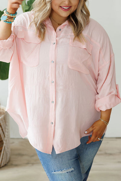 Pink Flap Pocket Tab Sleeve Button-Down Plus Size Shirt-Plus Size-MomFashion