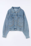 Sky Blue Rivet Studded Pocketed Denim Jacket-Outerwear-MomFashion