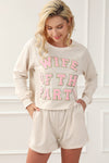 Apricot Letter Print Long Sleeve Top and Shorts Lounge Outfit-Loungewear-MomFashion