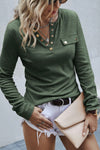 Mist Green Long Sleeve Snap Button Henley Top-Tops-MomFashion