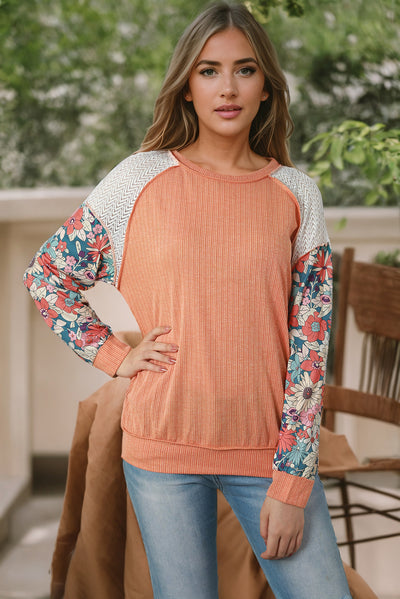 Grapefruit Orange Floral Patchwork Puff Sleeve Textured Blouse-Tops-MomFashion