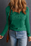 Green Lace Crochet V Neck Long Sleeve Top-Tops-MomFashion