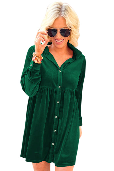 Green Long Sleeve Ruffle Velvet Button Up Dress-Dresses-MomFashion