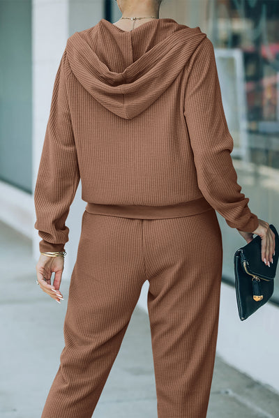 Brown Waffle Knit Zip-Up Hoodie and Pants Athleisure Outfit-Activewear-MomFashion