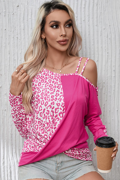 Rose Contrast Leopard Asymmetric Cold Shoulder Crossed Hem Top-Tops-MomFashion