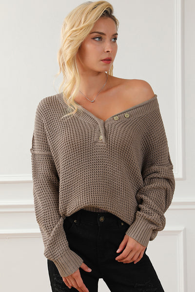 Khaki Pointelle Knit Button V Neck Drop Shoulder Sweater-Tops-MomFashion