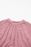 Rose Pink Contrast Lace Raglan Sleeve Plicate Round Neck Top-Tops-MomFashion