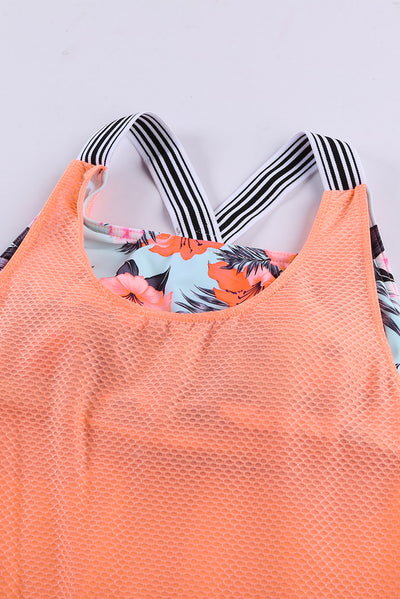 Orange Printed Splicing Racerback Tankini-Swimwear-MomFashion