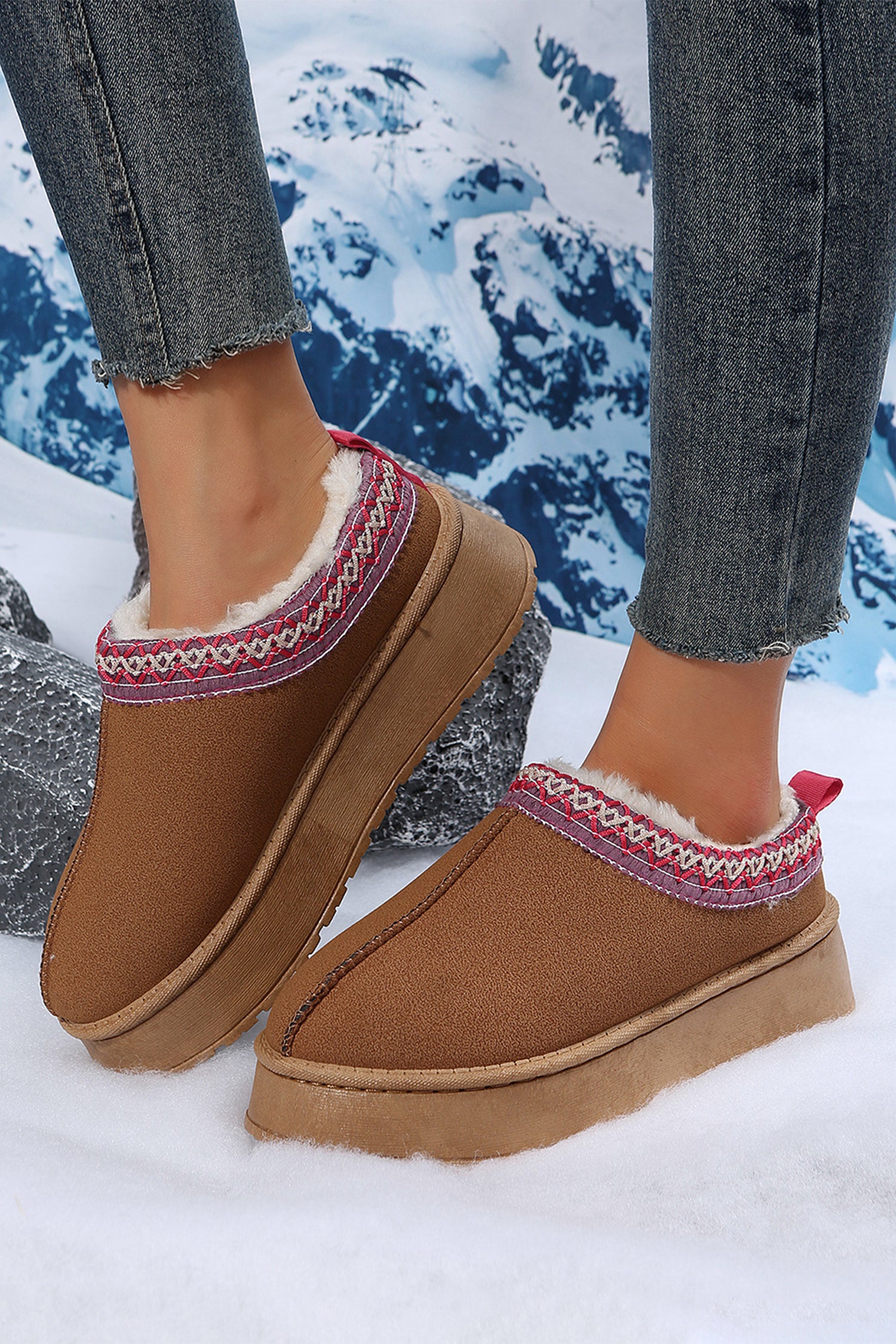 Chestnut Suede Contrast Print Round Toe Plush Lined Flats-Shoes & Bags-MomFashion