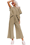 Pale Khaki Textured Loose Fit T Shirt and Drawstring Pants Set-Loungewear-MomFashion