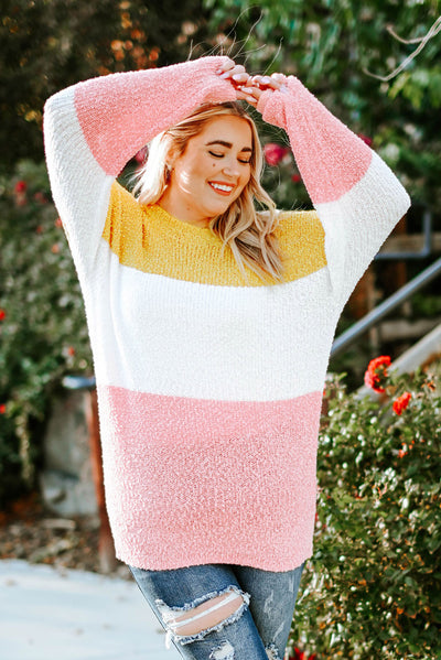 Yellow Colorblock Bubble Sleeve Plus Size Sweater-Plus Size-MomFashion