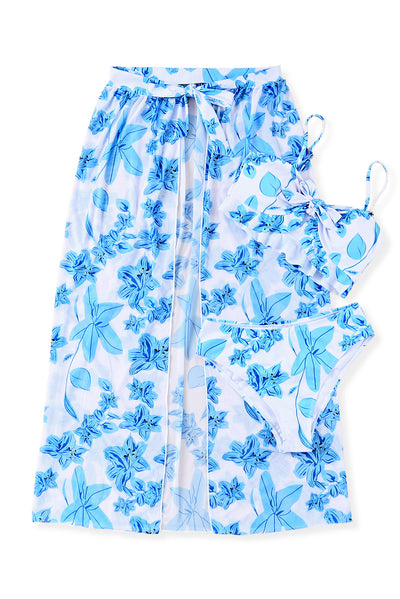 Sky Blue Tropical Ruffle Bikini High Waisted Swimsuit with Sarong-Swimwear-MomFashion