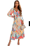 Multicolor Abstract Print O-ring Cut out Long Sleeve Maxi Dress-Dresses-MomFashion