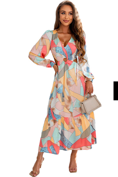 Multicolor Abstract Print O-ring Cut out Long Sleeve Maxi Dress-Dresses-MomFashion