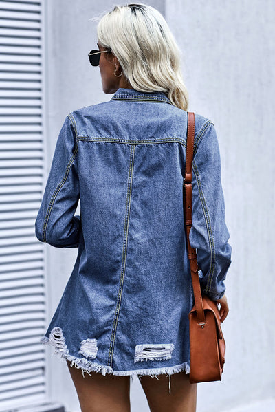 Blue Ripped Denim Jacket-Outerwear-MomFashion