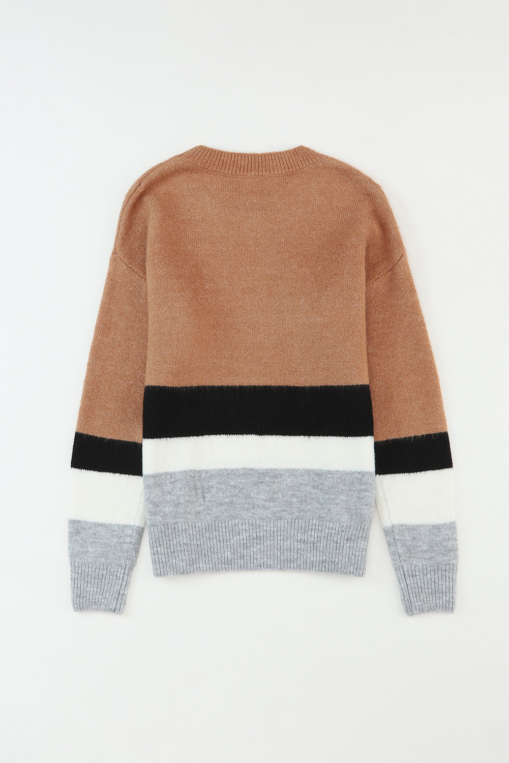 Brown Color Block Striped Ribbed Knit Sweater-Tops-MomFashion