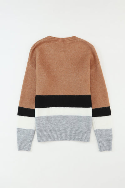 Brown Color Block Striped Ribbed Knit Sweater-Tops-MomFashion