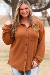 Brown Plus Size Waffle Knit Textured Shacket-Plus Size-MomFashion