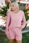 Pink Corded V Neck Slouchy Top Pocketed Shorts Set-Loungewear-MomFashion