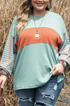 Green Plus Size Striped Long Sleeve Colorblock Tee with Slits-Plus Size-MomFashion