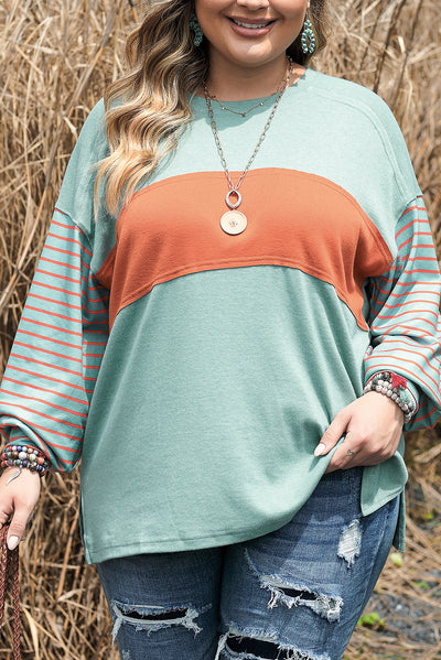 Green Plus Size Striped Long Sleeve Colorblock Tee with Slits-Plus Size-MomFashion