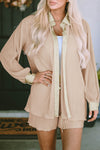 Apricot Pleated Long Sleeve Shirt and Shorts Lounge Set-Loungewear-MomFashion