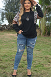 Black Leopard Sequin Patch Plus Size Long Sleeve Top-Plus Size-MomFashion