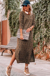 Leopard Round Neck Long Sleeve Split Dress-Dresses-MomFashion