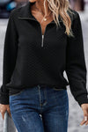 Black Solid Half Zipper Quilted Pullover Sweatshirt-Tops-MomFashion