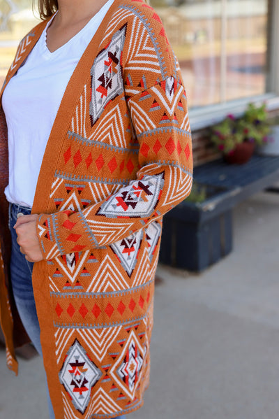 Brown Aztec Geometric Knit Open Front Cardigan-Tops-MomFashion