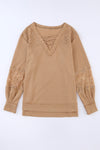 Apricot Lace Waffle Patchwork Strappy V Neck Long Sleeve Top-Tops-MomFashion