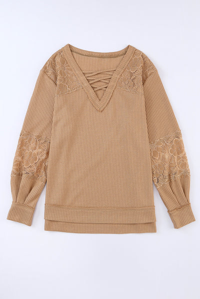 Apricot Lace Waffle Patchwork Strappy V Neck Long Sleeve Top-Tops-MomFashion