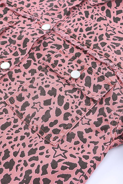 Pink Stars & Animal Spots Print Button Up Denim Shacket-Outerwear-MomFashion