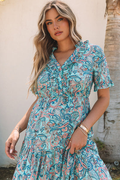 Sky Blue Paisley Print Boho Holiday Ruffle Tiered Maxi Dress-Dresses-MomFashion